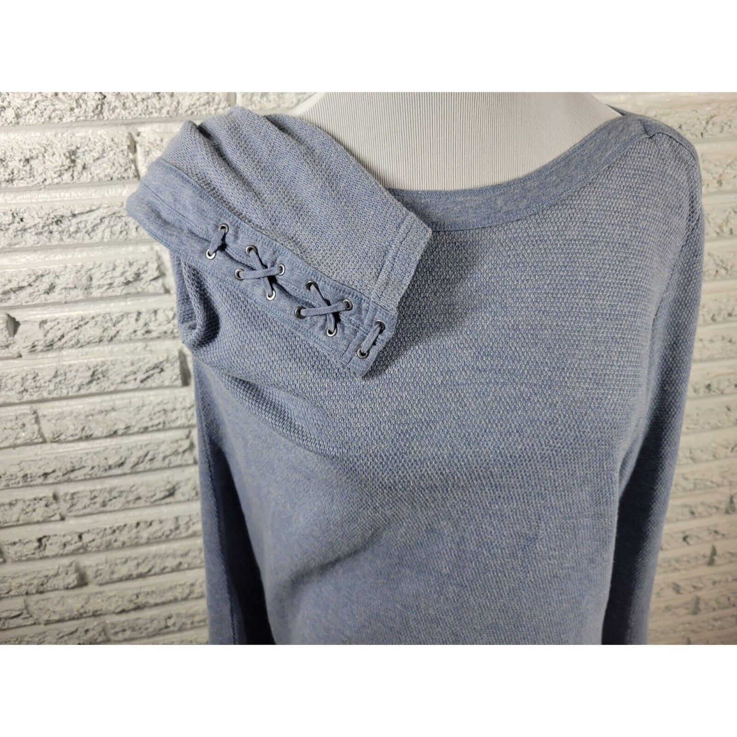 Chaps Womens Top XXL Plus Lace Up Sleeve Blue Sheer Pointelle Stretchy Knit