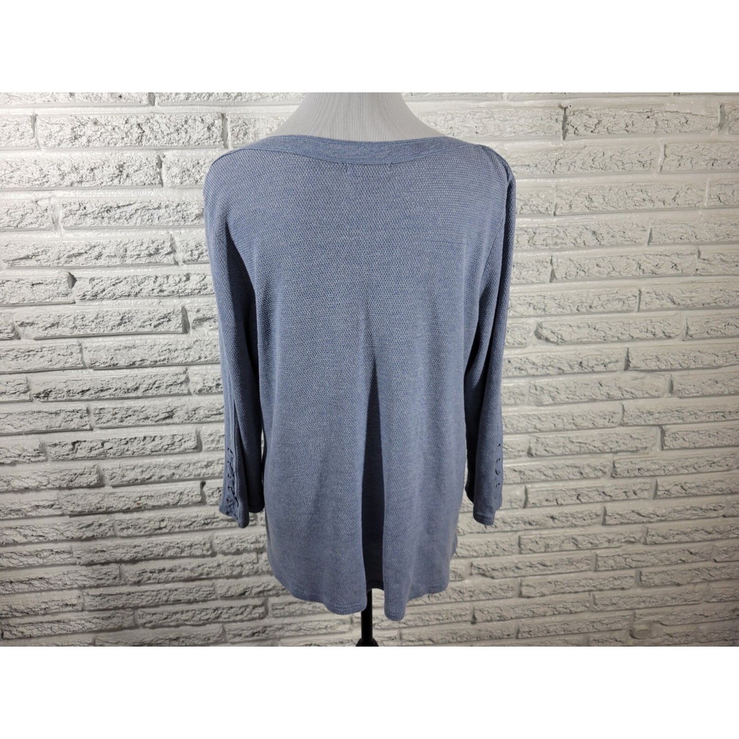 Chaps Womens Top XXL Plus Lace Up Sleeve Blue Sheer Pointelle Stretchy Knit