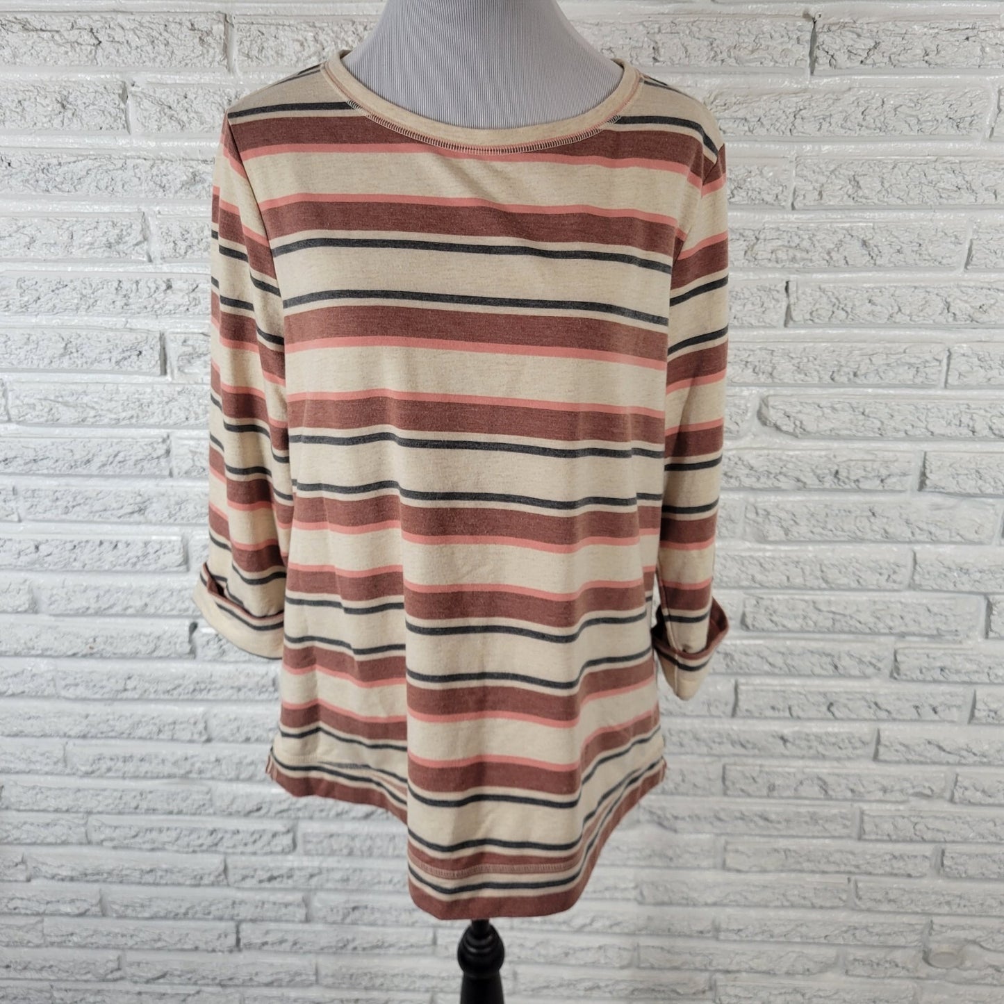 Croft Barrow Womens Top Extra Large Tee  3/4 Cuff Sleeve Comfy Brown Pink Stripe