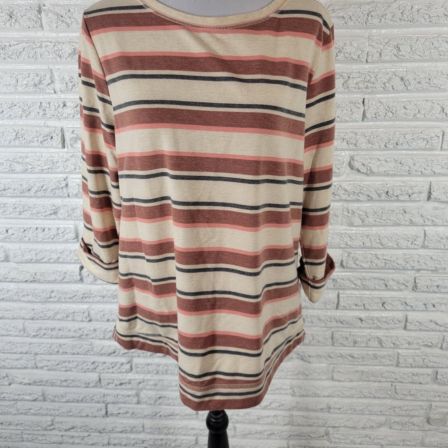 Croft Barrow Womens Top Extra Large Tee  3/4 Cuff Sleeve Comfy Brown Pink Stripe