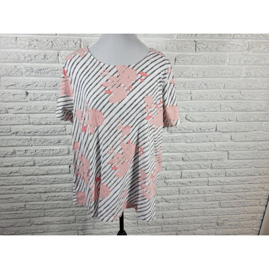 Roamans Womens Top 1X Tee Short Sleeve Pink Floral Cotton Casual Back Keyhole