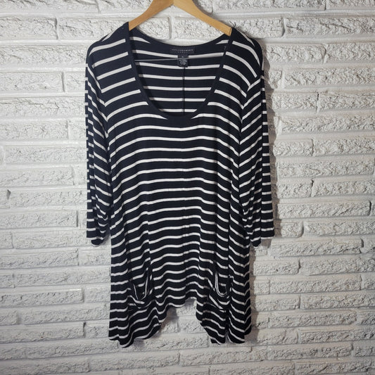 Grace Elements Womens Top 3X Plus Tunic 3/4 Sleeve Black Stripe Asymmetric