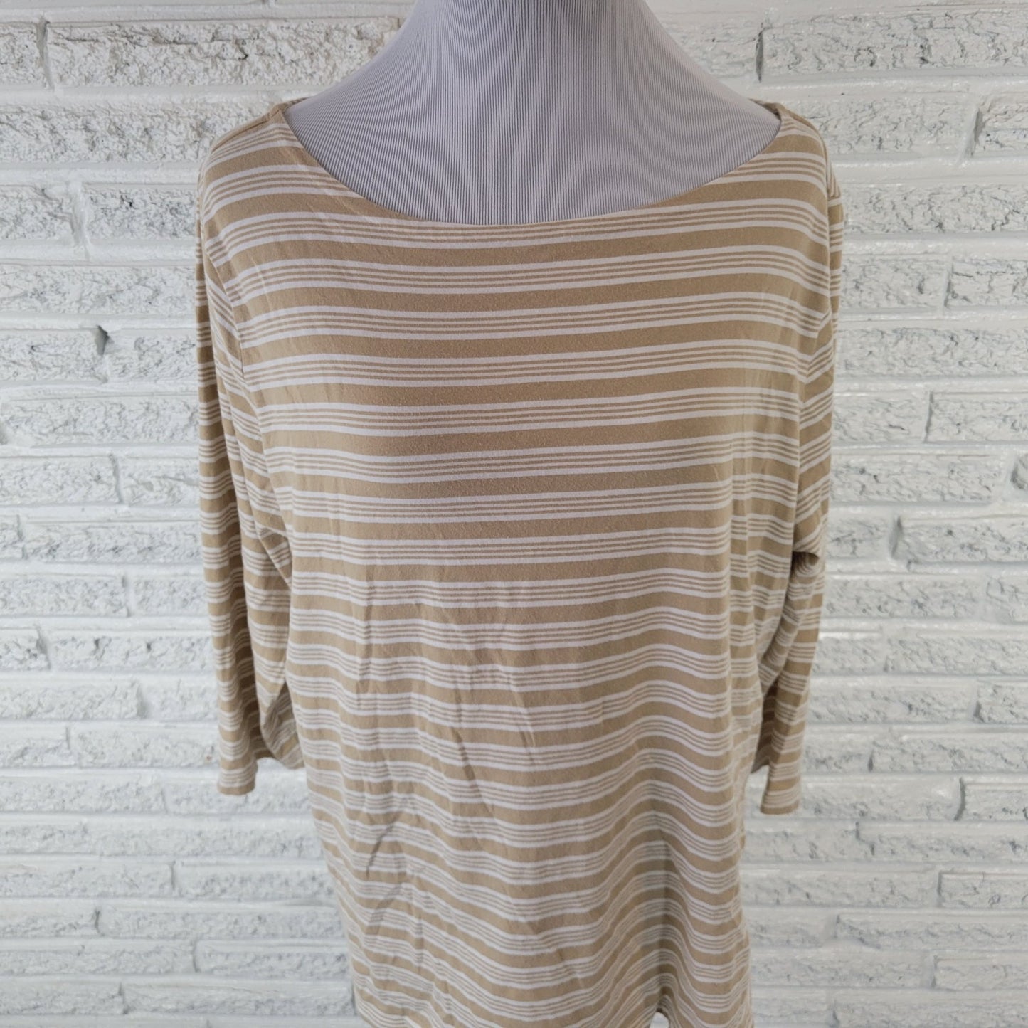 Rafaella Women Top 2X Plus Tee 3/4 Sleeve Beige Stripe Cotton Blend Casual Comfy