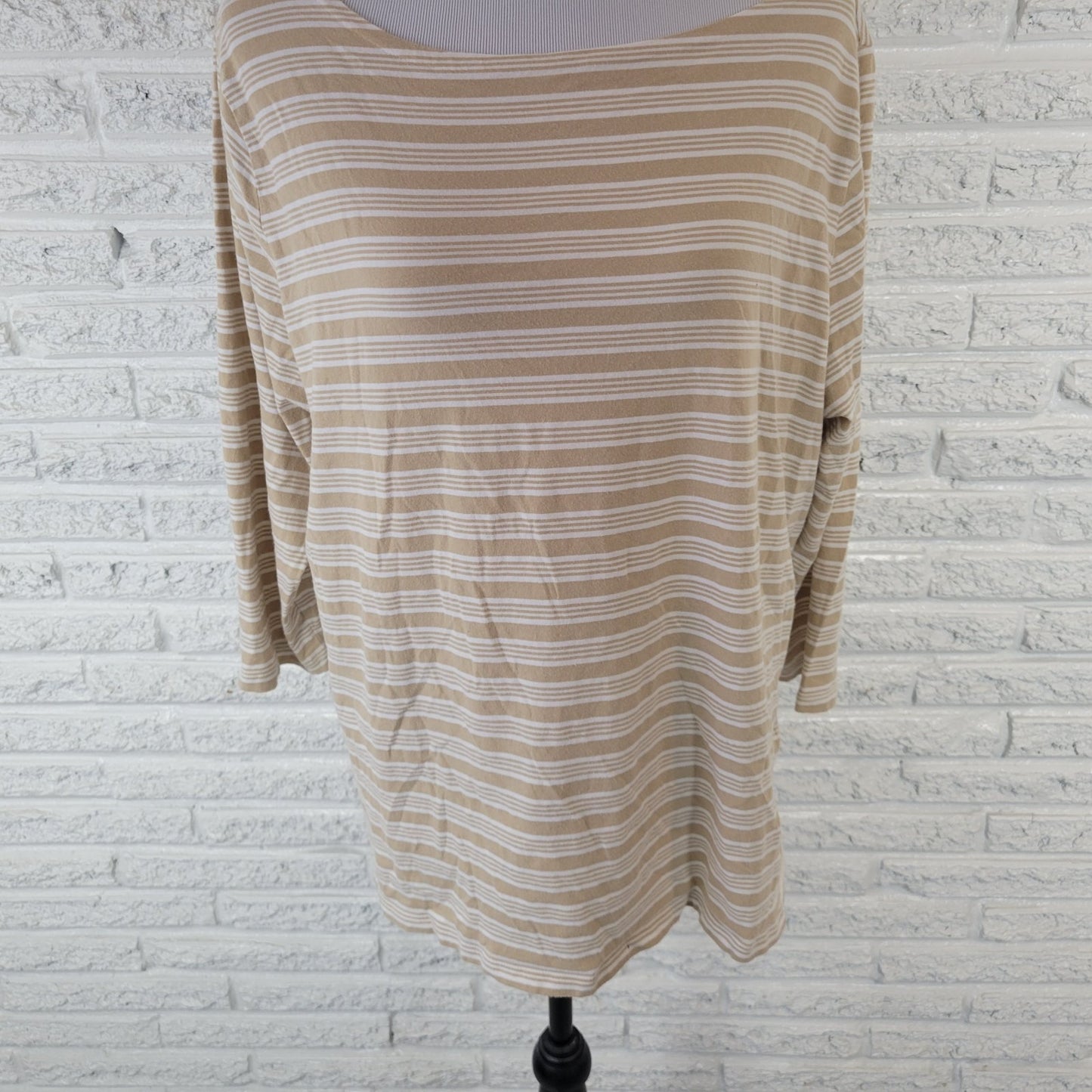 Rafaella Women Top 2X Plus Tee 3/4 Sleeve Beige Stripe Cotton Blend Casual Comfy