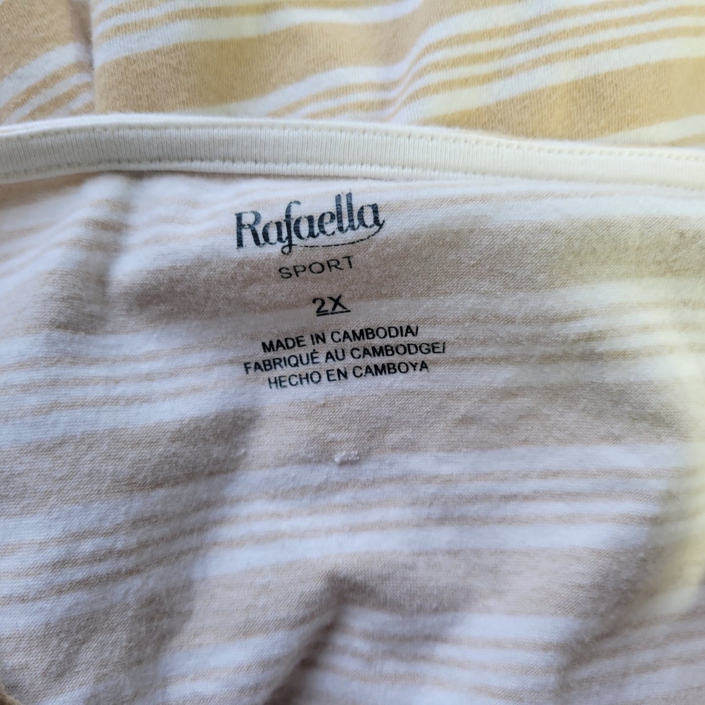 Rafaella Women Top 2X Plus Tee 3/4 Sleeve Beige Stripe Cotton Blend Casual Comfy