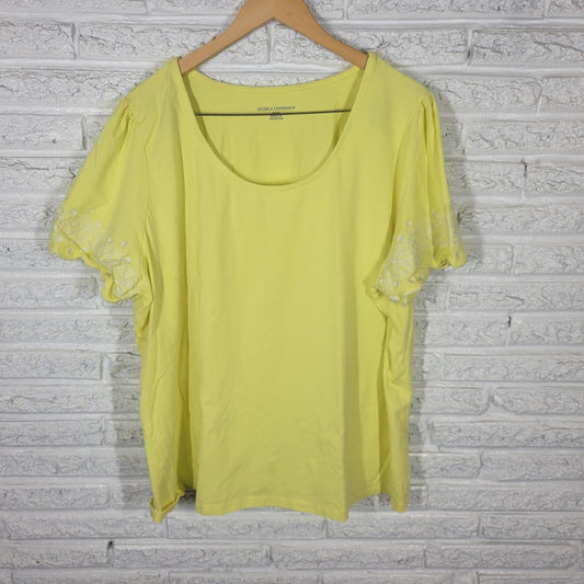 Jessica London Womens Top 26 28 Plus Tee Yellow Embroidered Cotton Blend Comfy