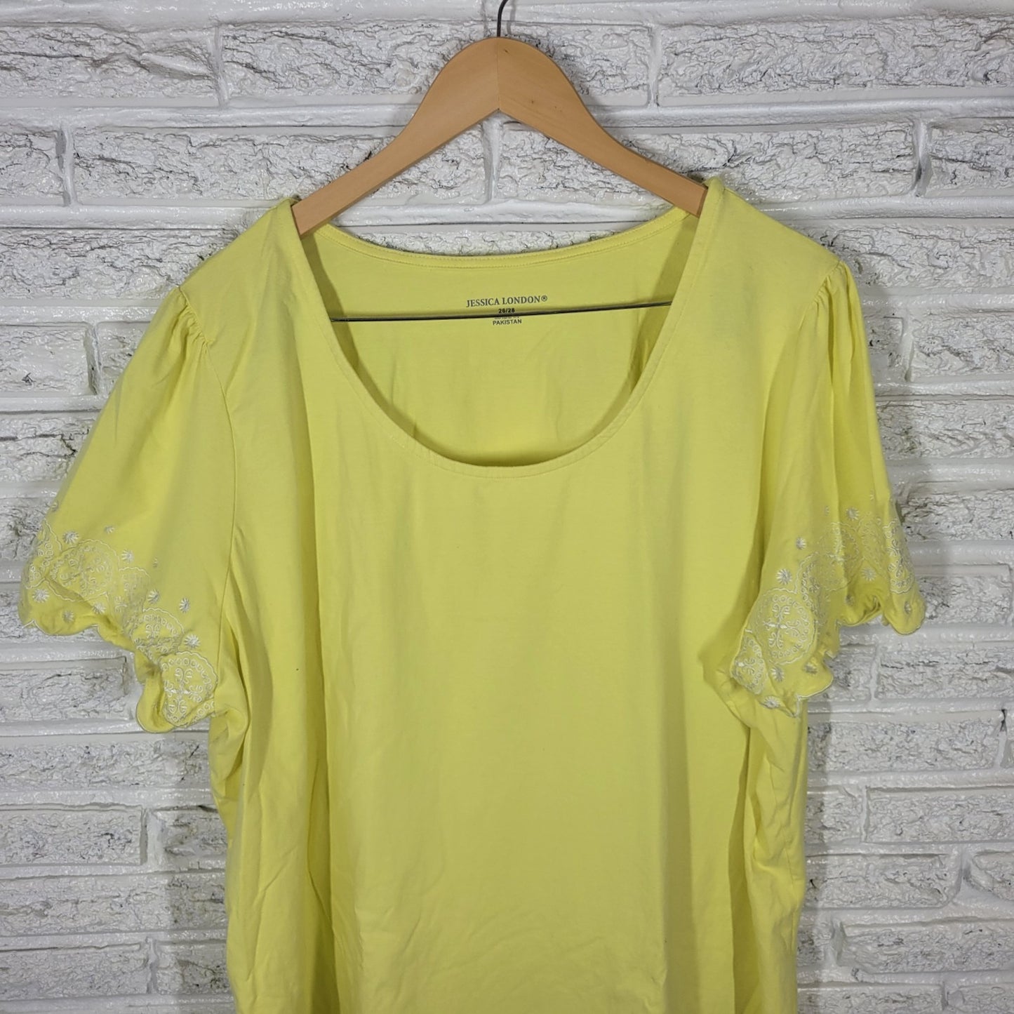 Jessica London Womens Top 26 28 Plus Tee Yellow Embroidered Cotton Blend Comfy