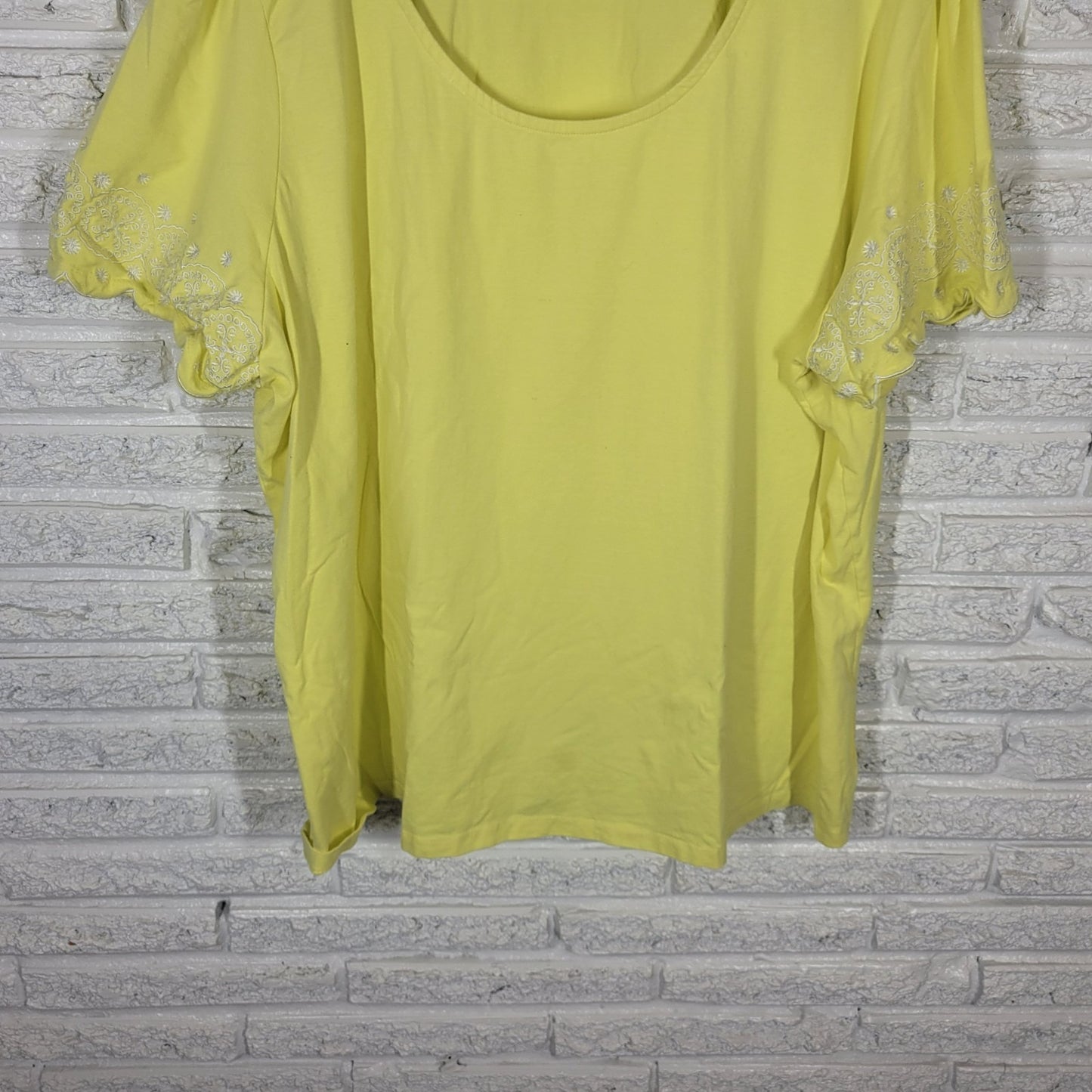 Jessica London Womens Top 26 28 Plus Tee Yellow Embroidered Cotton Blend Comfy