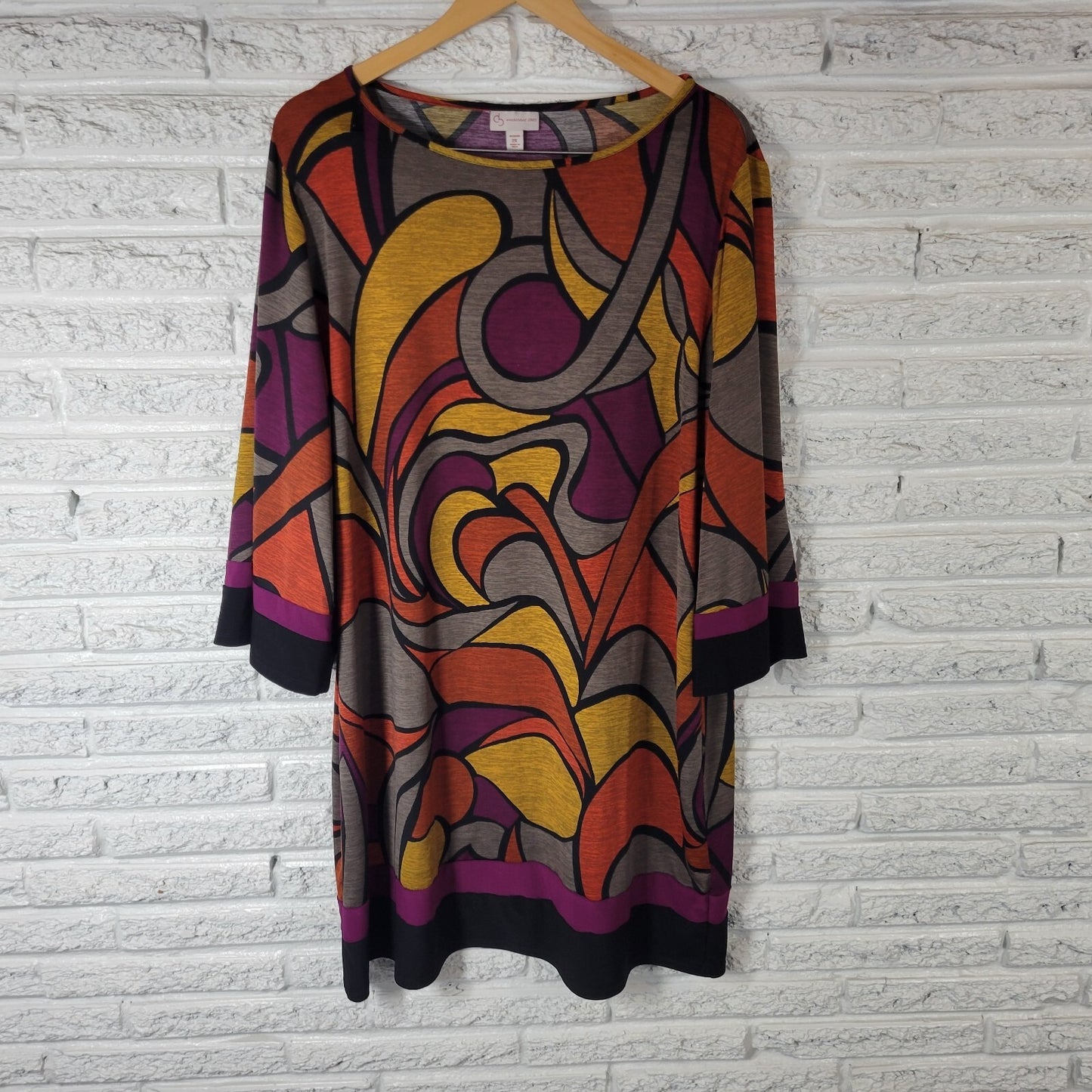 Dress Barn Women Dress 2X Plus Mini 3/4 Sleeve Orange Gold Geometric Poly Blend