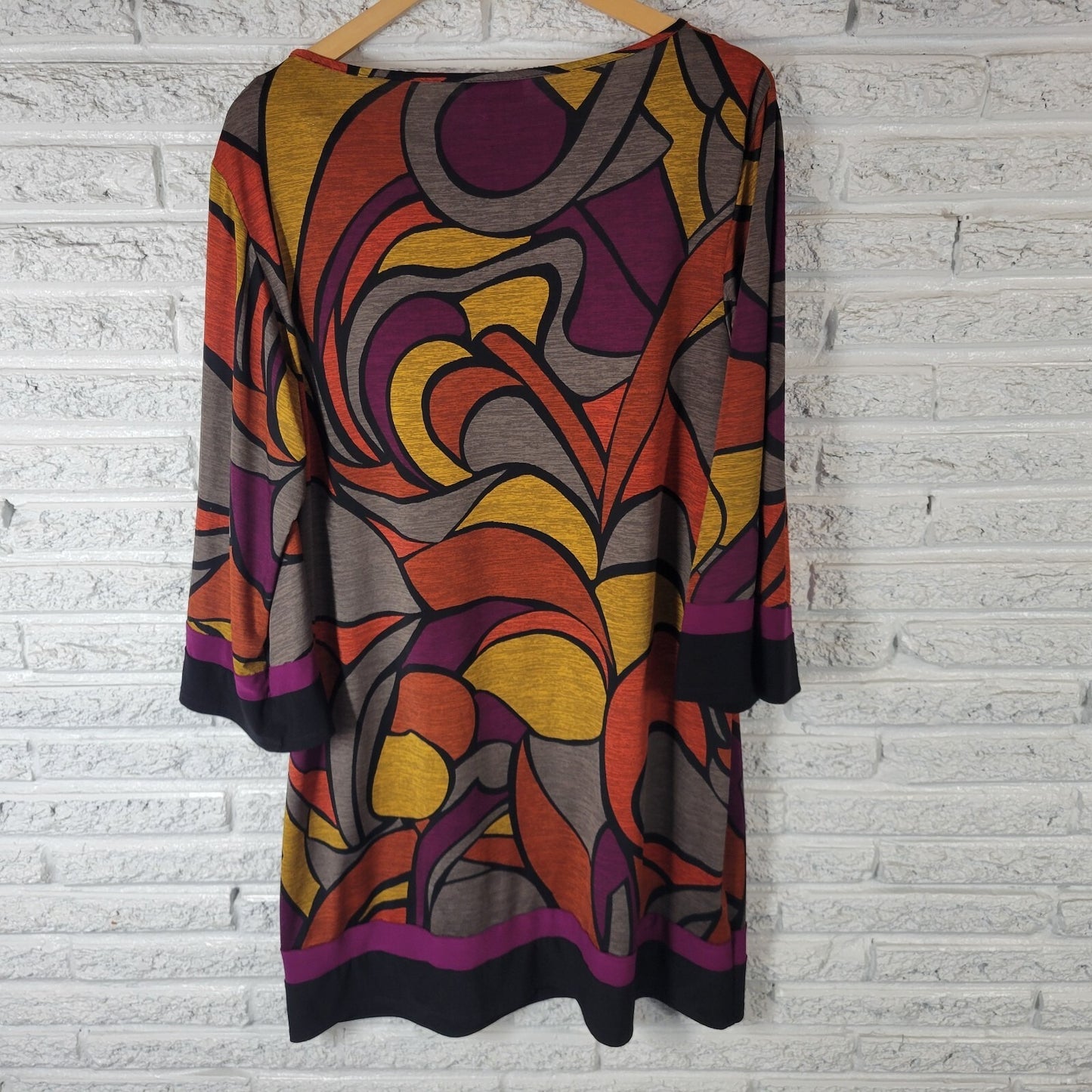 Dress Barn Women Dress 2X Plus Mini 3/4 Sleeve Orange Gold Geometric Poly Blend