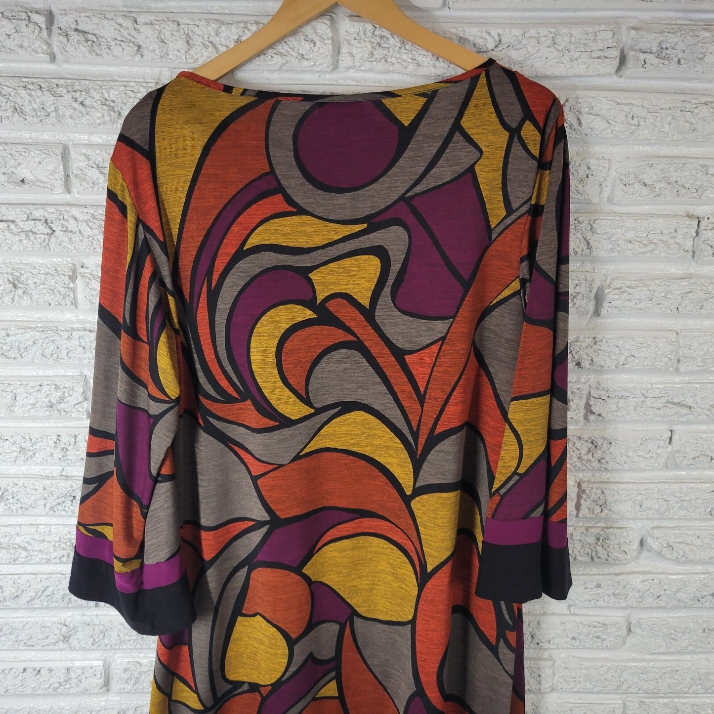 Dress Barn Women Dress 2X Plus Mini 3/4 Sleeve Orange Gold Geometric Poly Blend