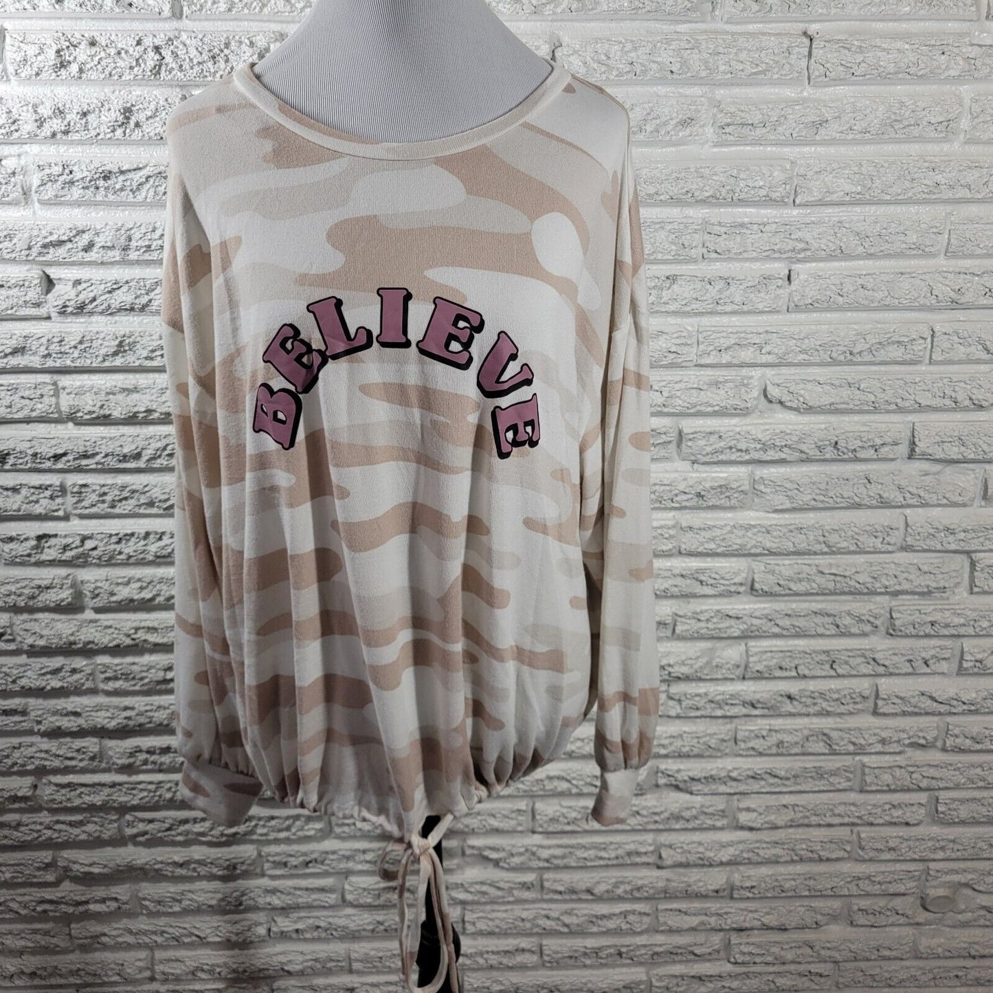 Como Black Womens Sweatshirt 2X Pullover Beige Camouflage Lightweight Believe
