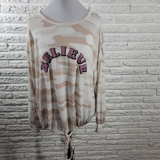 Como Black Womens Sweatshirt 2X Pullover Beige Camouflage Lightweight Believe