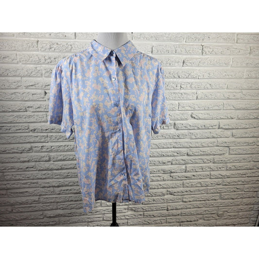 Liz Claiborne Elizabeth Womens Top 20 Short Sleeve Cotton Button Up Blue Floral