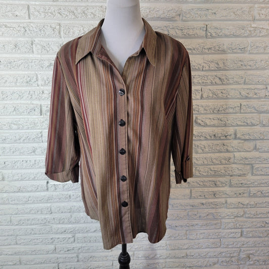 Dress Barn Womens Top 18 20 Plus 3/4 Sleeve Button Up Tan Burgundy Stripe Collar