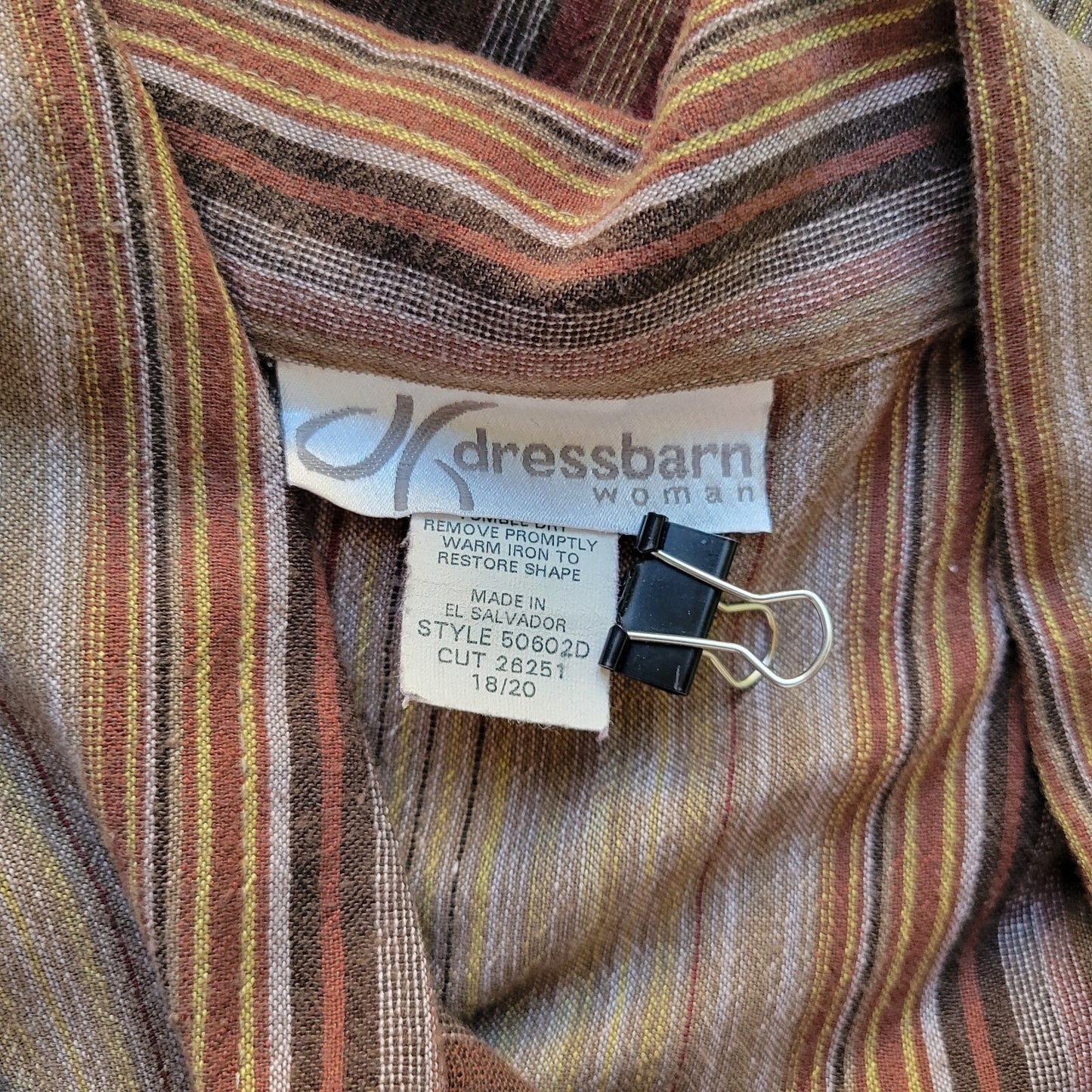 Dress Barn Womens Top 18 20 Plus 3/4 Sleeve Button Up Tan Burgundy Stripe Collar