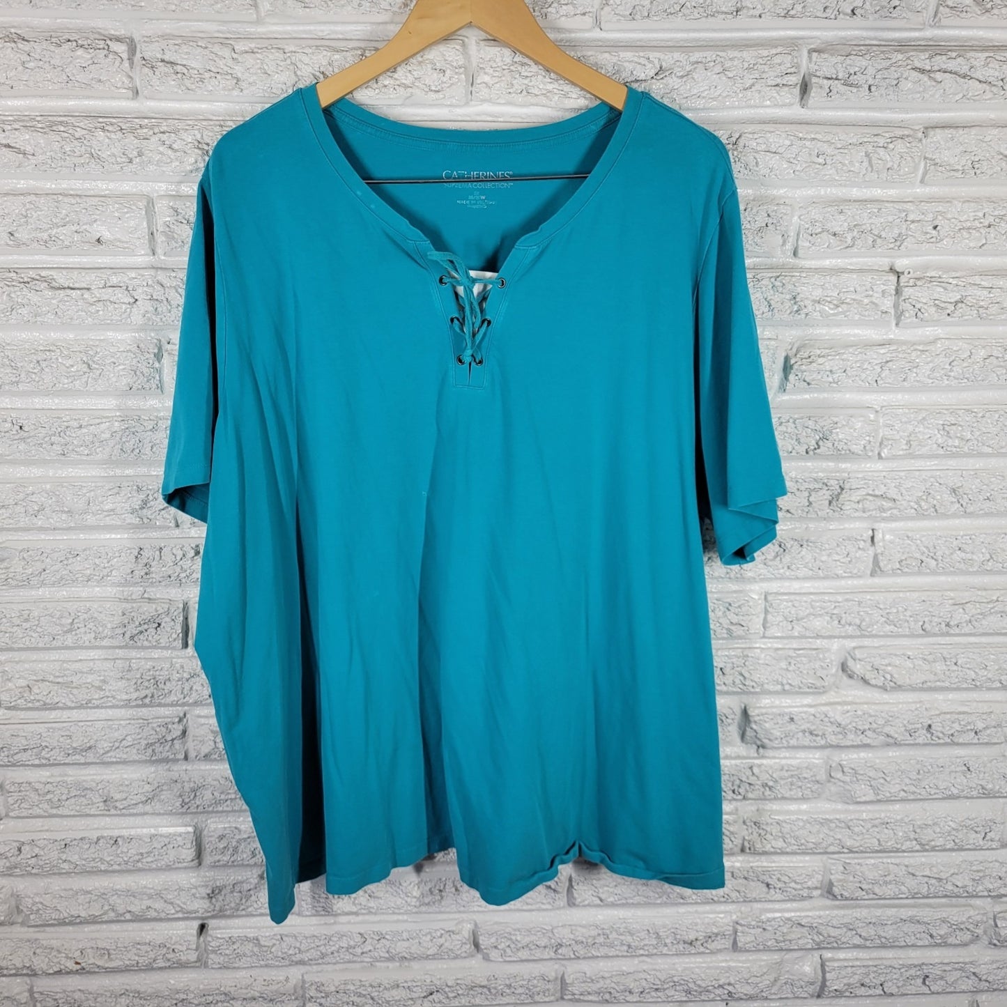 Catherines Women Top 3X Plus Tunic Lace Up Short Sleeve Blue Cotton Blend Casual