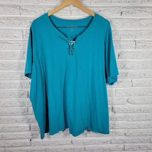 Catherines Women Top 3X Plus Tunic Lace Up Short Sleeve Blue Cotton Blend Casual