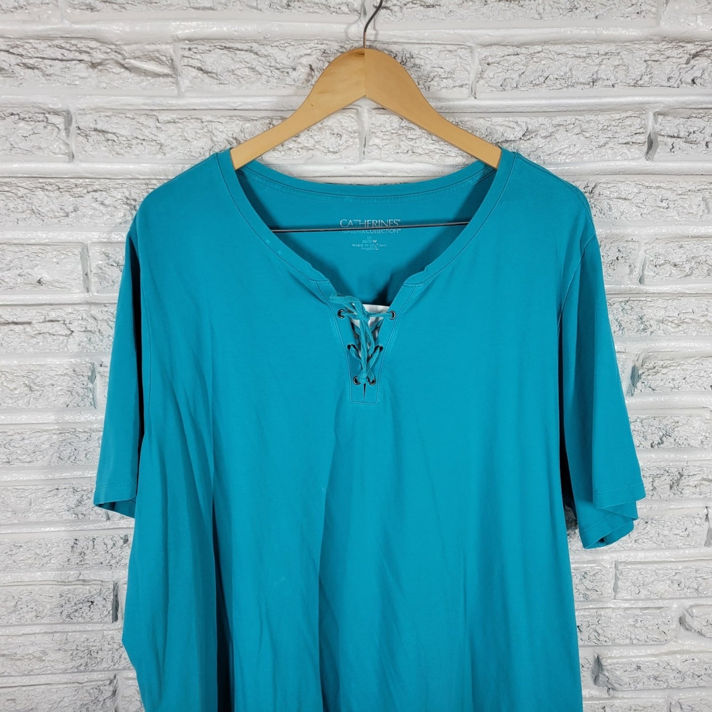 Catherines Women Top 3X Plus Tunic Lace Up Short Sleeve Blue Cotton Blend Casual