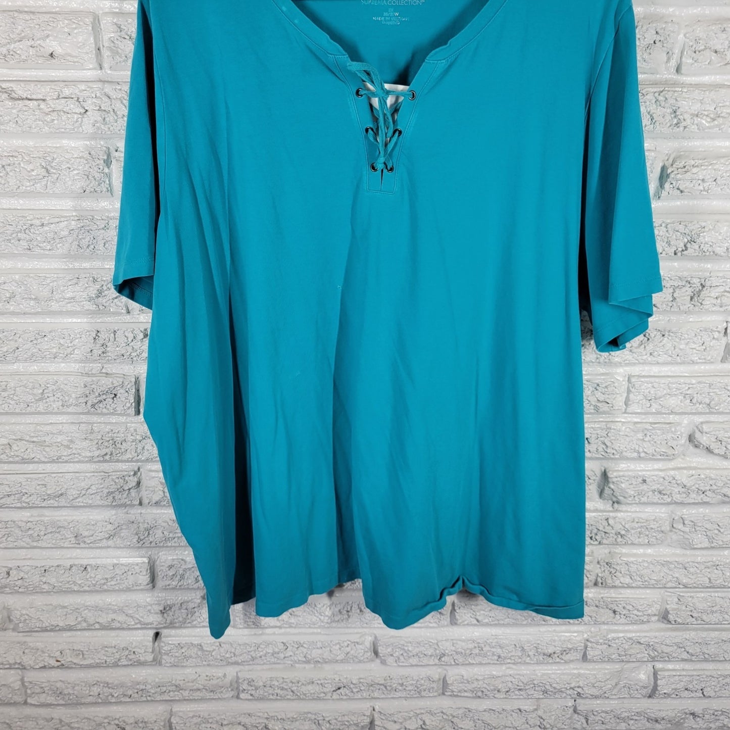 Catherines Women Top 3X Plus Tunic Lace Up Short Sleeve Blue Cotton Blend Casual