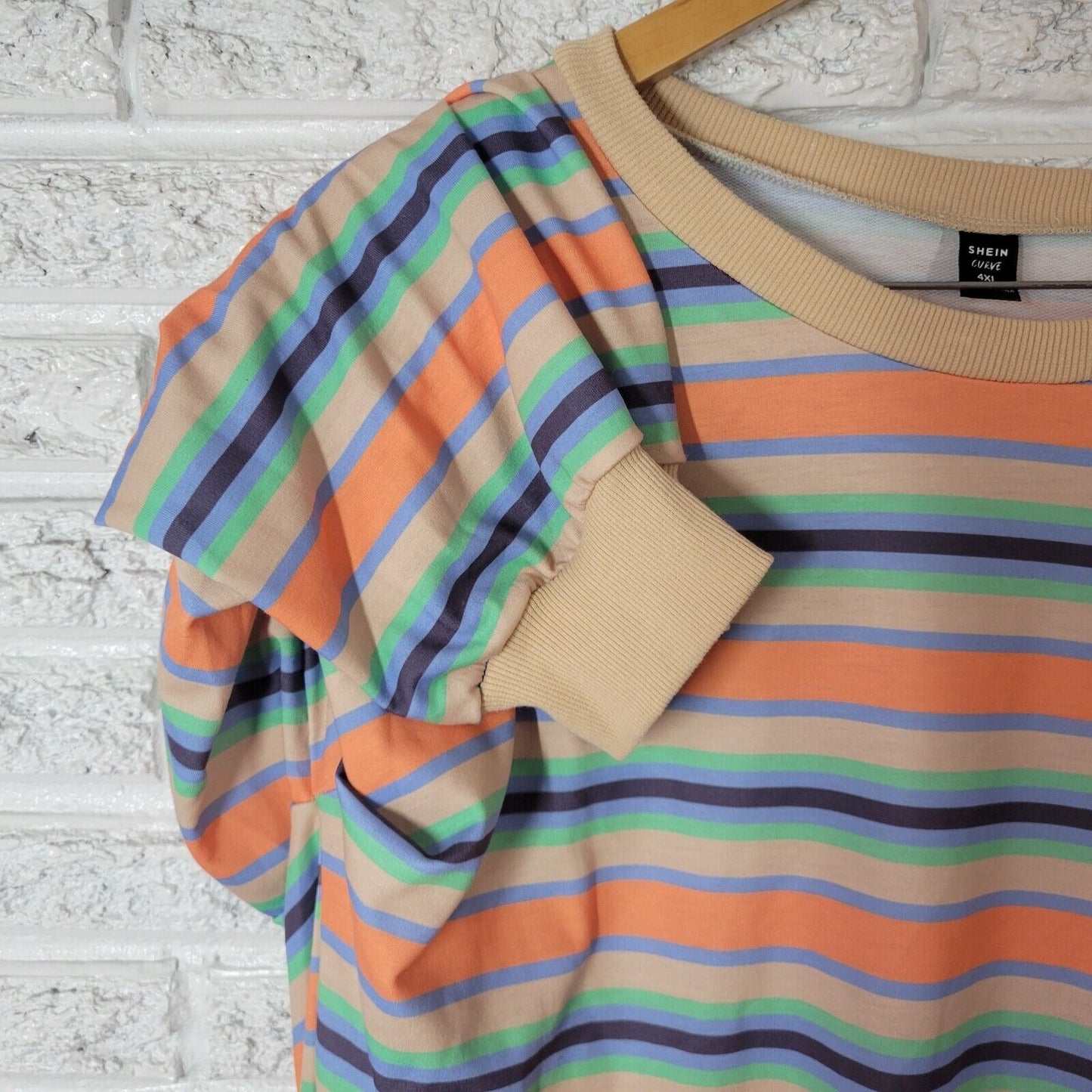 Shein Curve Womens Top 4XL Plus Tee Long Sleeve Orange Blue Stripe Poly Blend