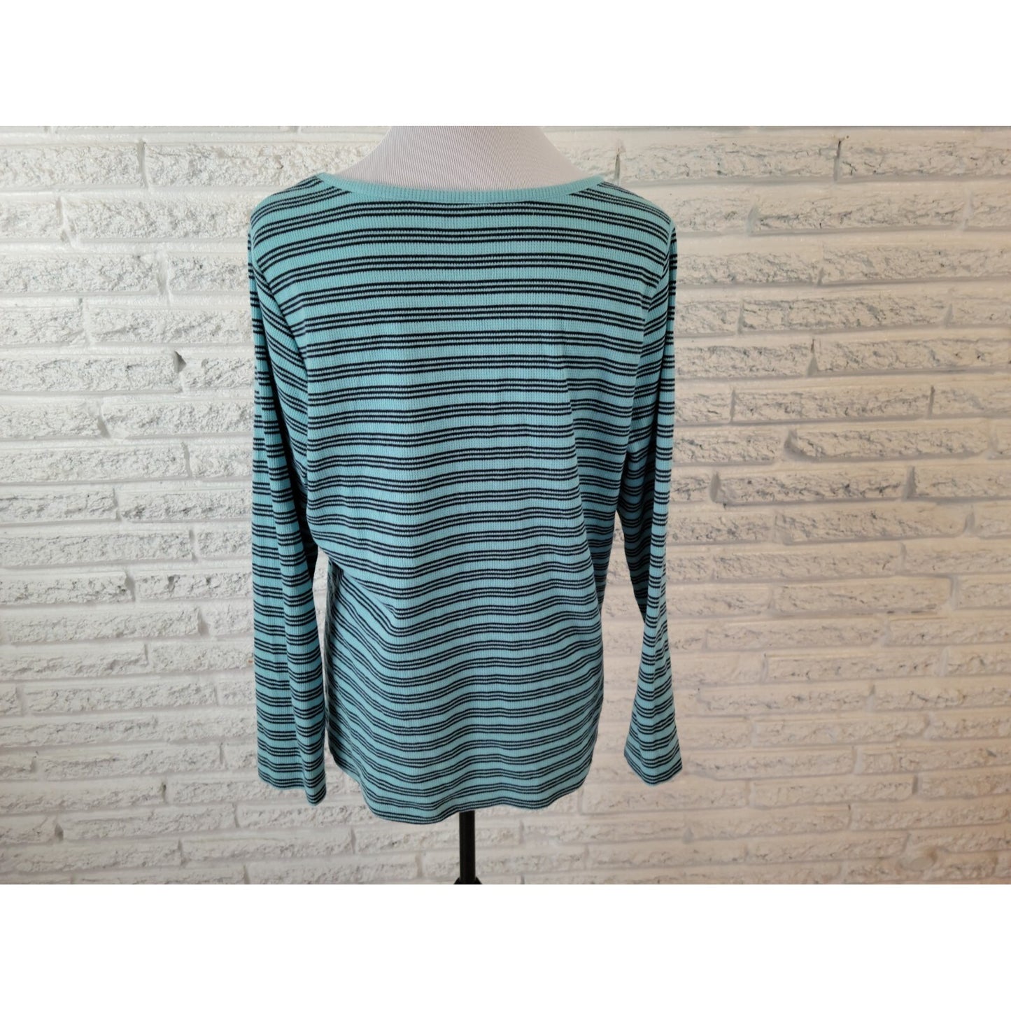 CJ Banks Women Top Extra Large Waffle Knit Blue Stripe VNeck Casual Comfy