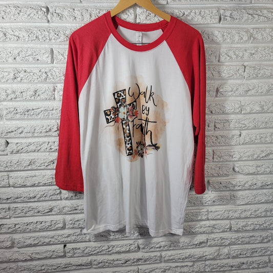 Next Level Unisex Shirt XL Raglan Sleeve Walk By Faith Christian Cross Red Casua
