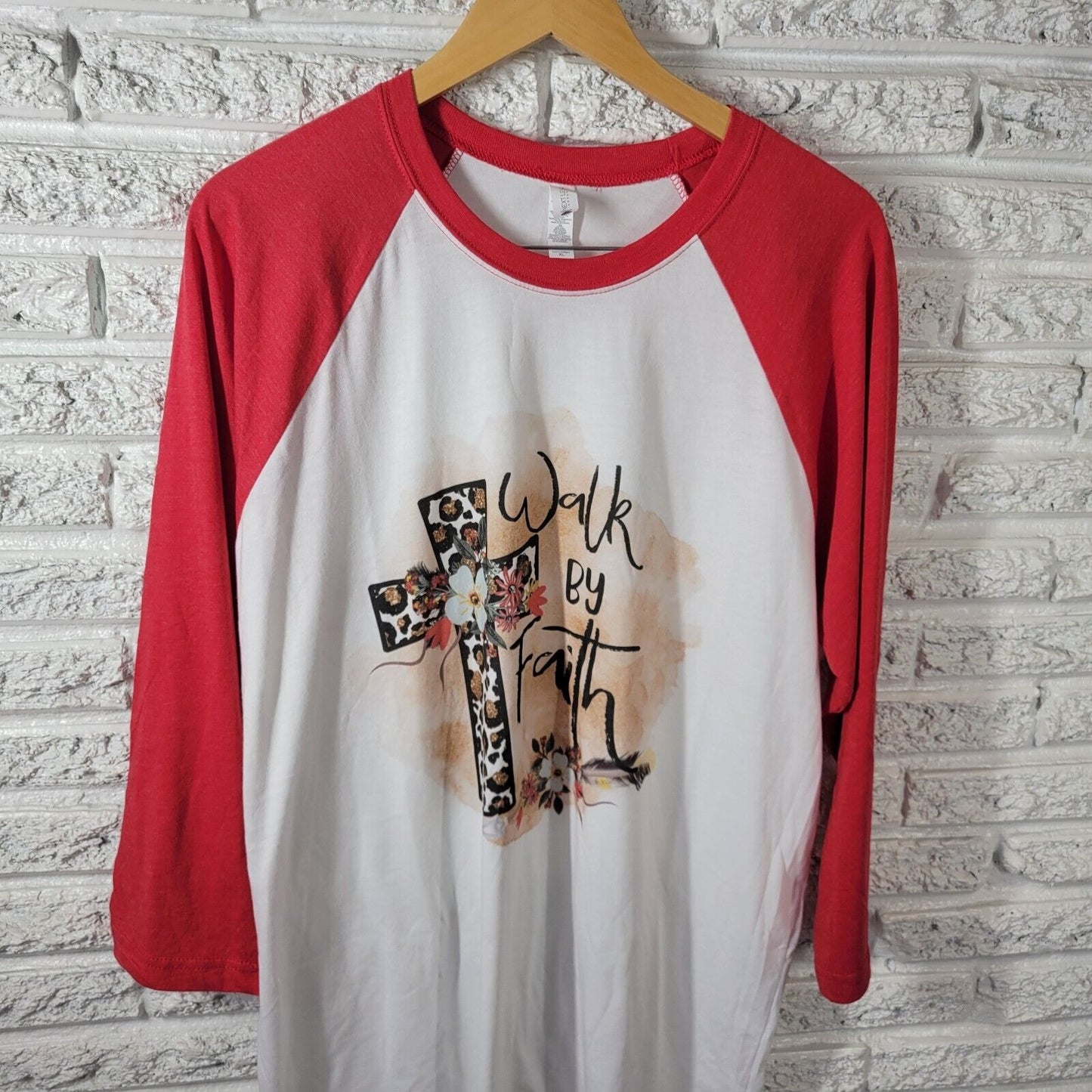 Next Level Unisex Shirt XL Raglan Sleeve Walk By Faith Christian Cross Red Casua