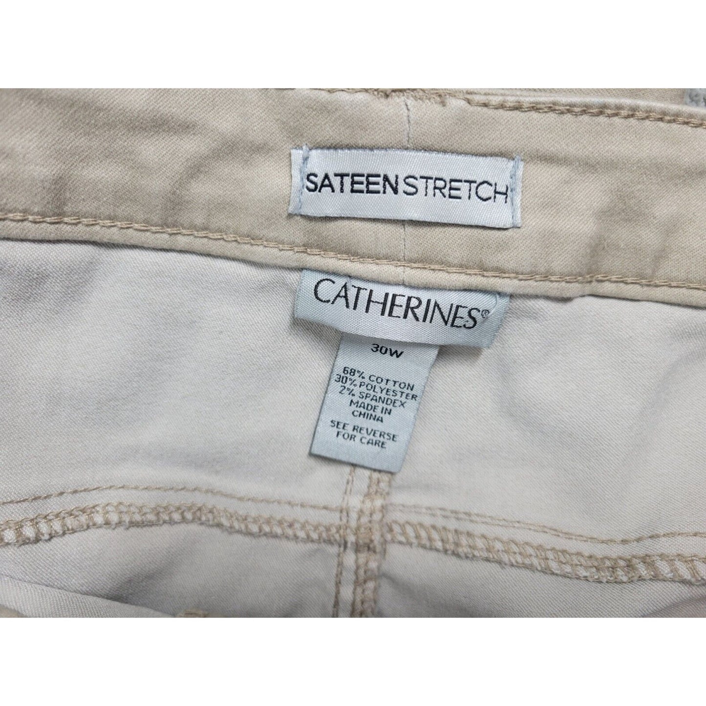 Catherines Sateen Womens Pants 30W Plus Capri Beige Cotton Blend Zip Comfy