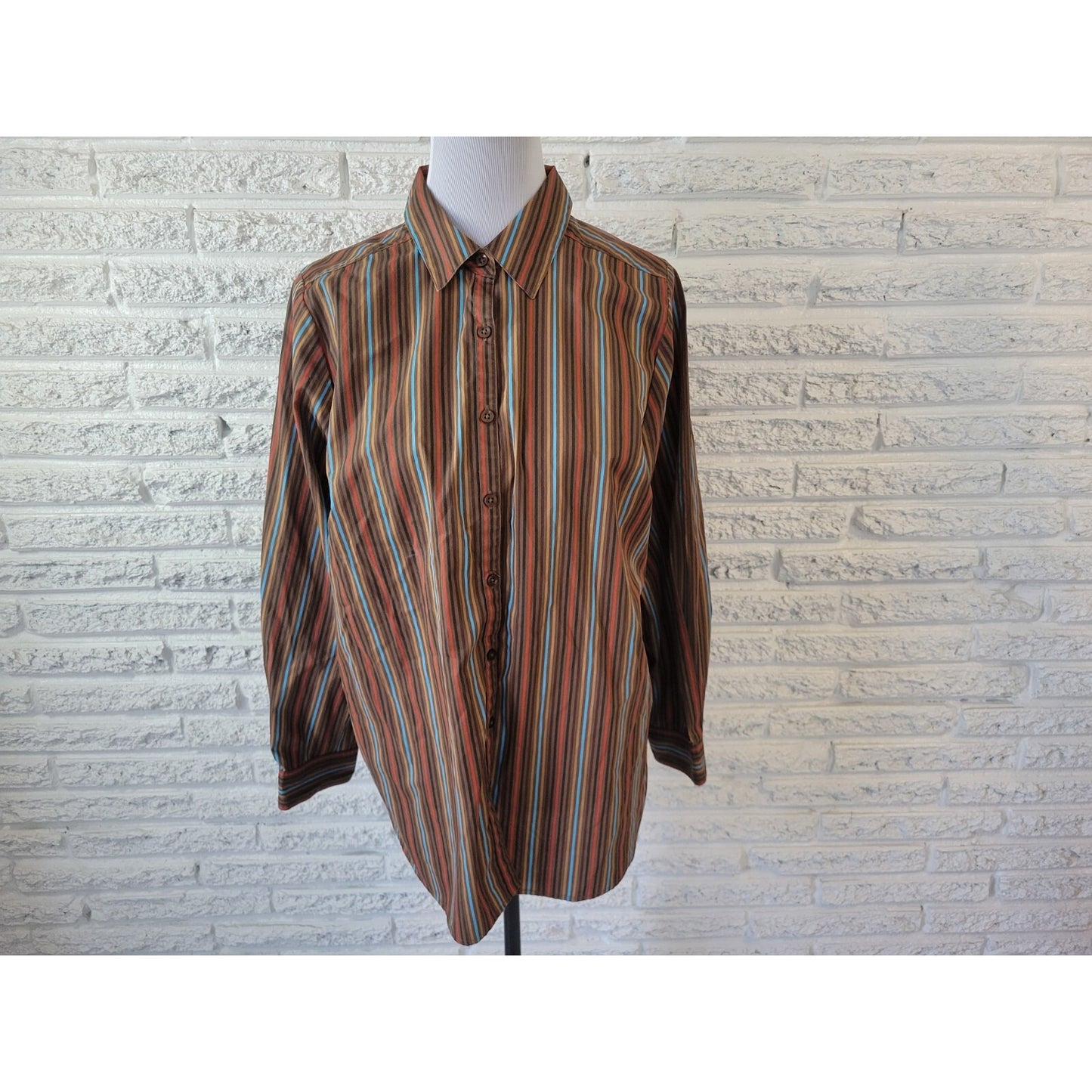 Roamans Womens Shirt 16W Plus Long Sleeve Collar Button Up Brown Stripe Career