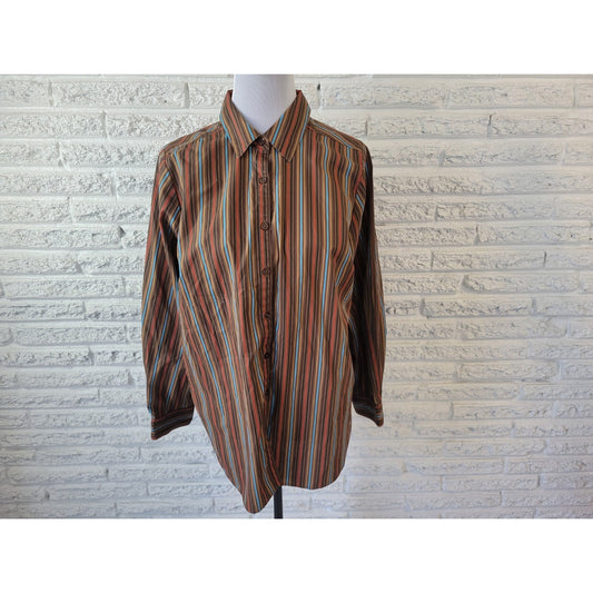 Roamans Womens Shirt 16W Plus Long Sleeve Collar Button Up Brown Stripe Career