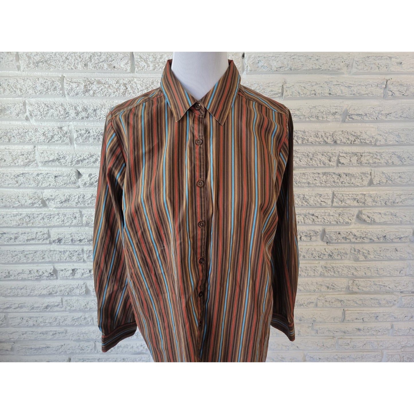 Roamans Womens Shirt 16W Plus Long Sleeve Collar Button Up Brown Stripe Career