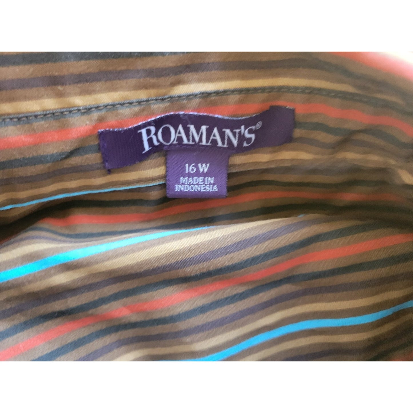 Roamans Womens Shirt 16W Plus Long Sleeve Collar Button Up Brown Stripe Career