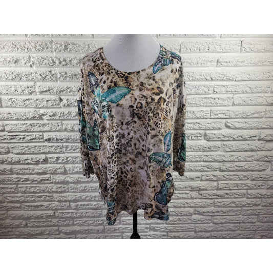 Time Tru Womens Top Extra Large 16 18 3/4 Sleeve Butterflies Tan Animal Print