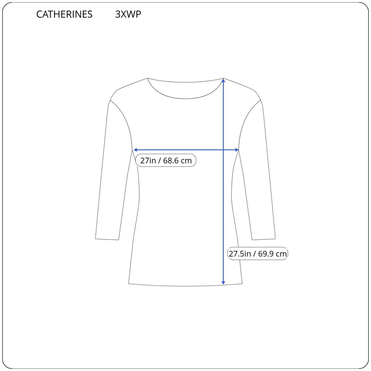 Catherines Womens Top 3XWP Tee 3/4 Sleeve Blue Cotton Blend Casual Stretchy