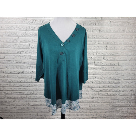 Catherines Womens Top 1X Plus Tunic 3/4 Sleeve Green Geometric Deco Polyester