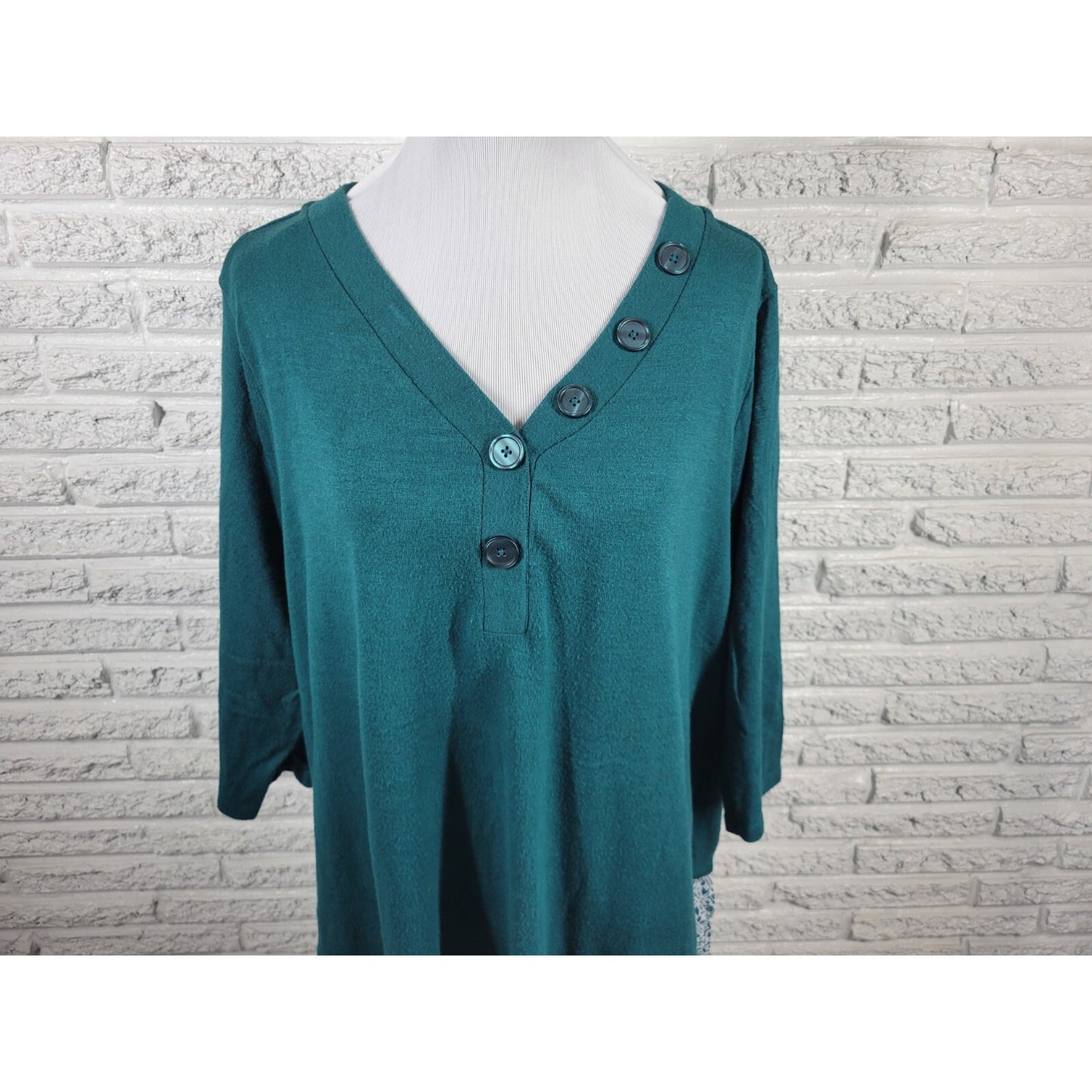 Catherines Womens Top 1X Plus Tunic 3/4 Sleeve Green Geometric Deco Polyester