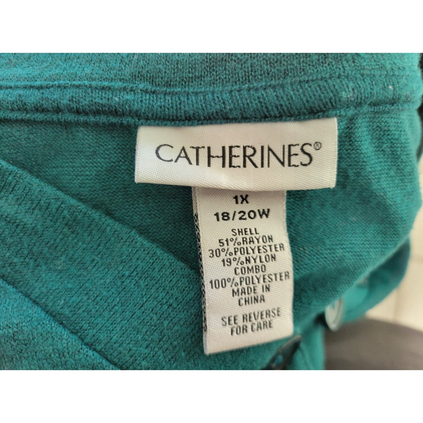 Catherines Womens Top 1X Plus Tunic 3/4 Sleeve Green Geometric Deco Polyester