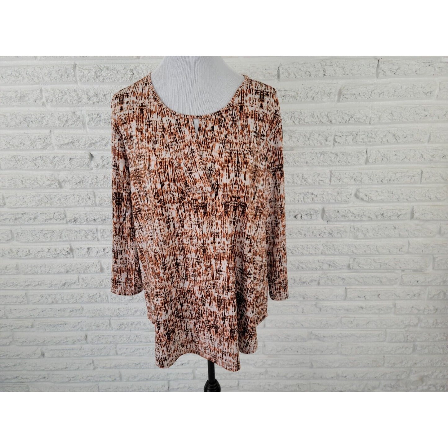 Cato Womens Top Extra Large XL Tunic 3/4 Sleeve Keyhole Brown Watercolor Office