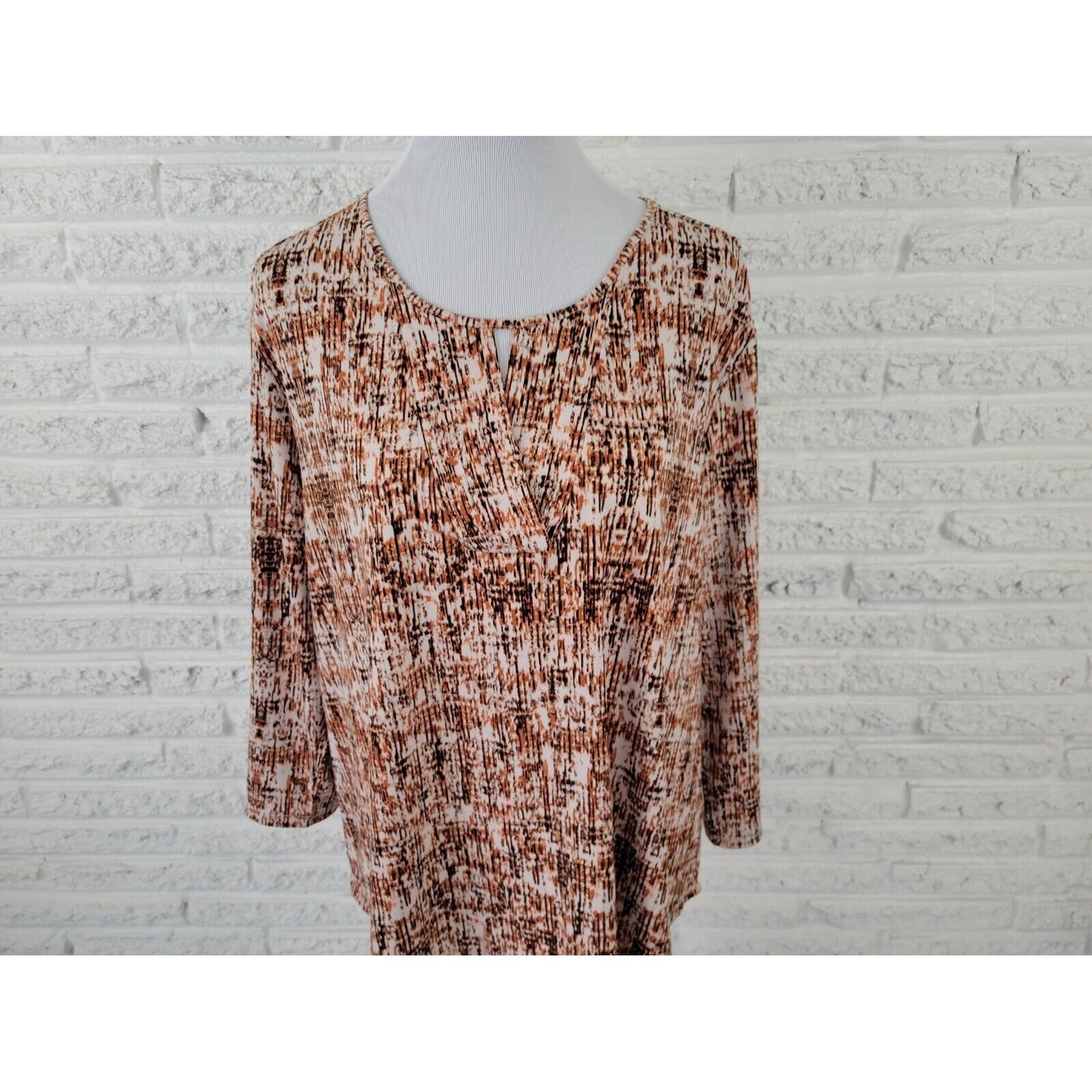 Cato Womens Top Extra Large XL Tunic 3/4 Sleeve Keyhole Brown Watercolor Office
