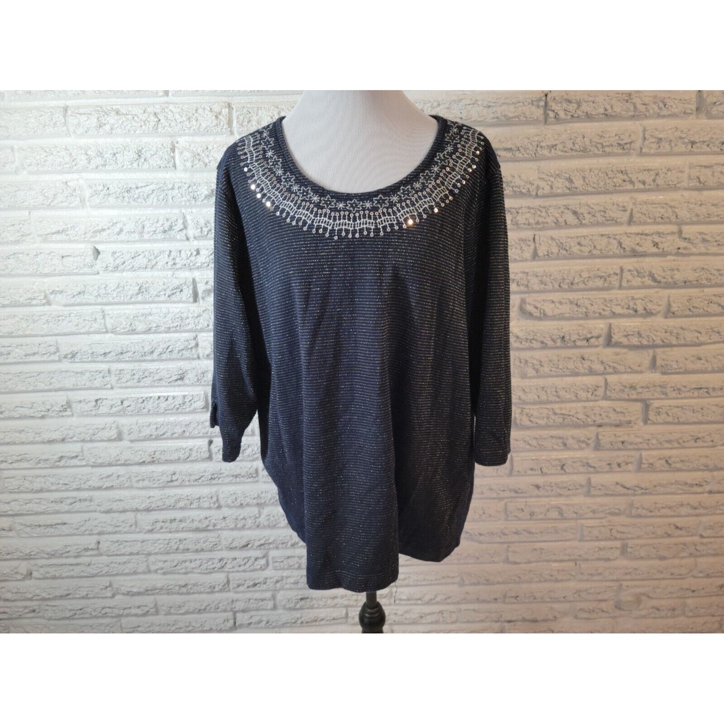 Basic Editions Womens Top 2X Plus Knit Blue Stripe Sequins Embroider Metallic