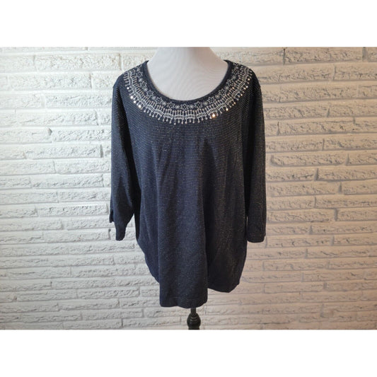 Basic Editions Womens Top 2X Plus Knit Blue Stripe Sequins Embroider Metallic