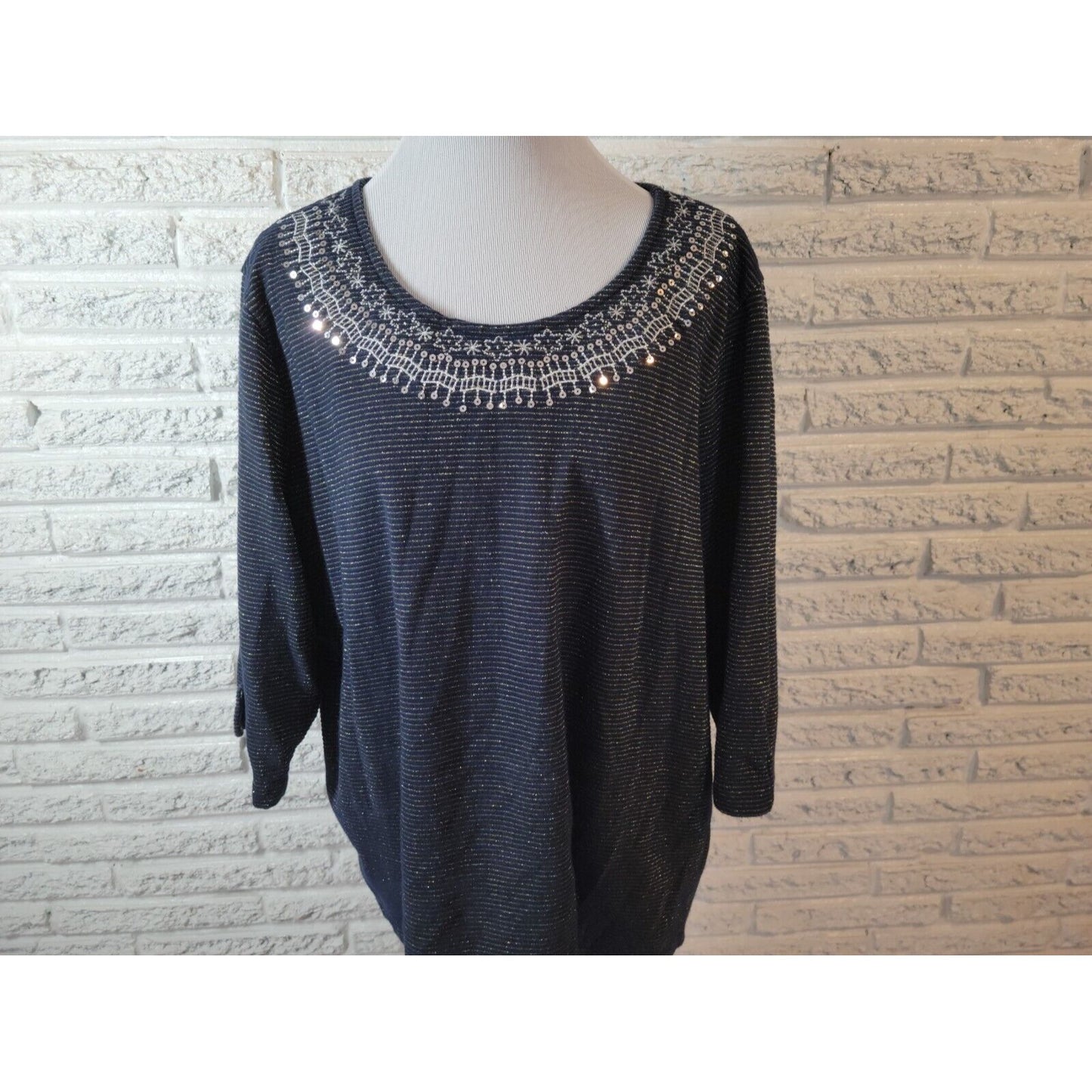 Basic Editions Womens Top 2X Plus Knit Blue Stripe Sequins Embroider Metallic