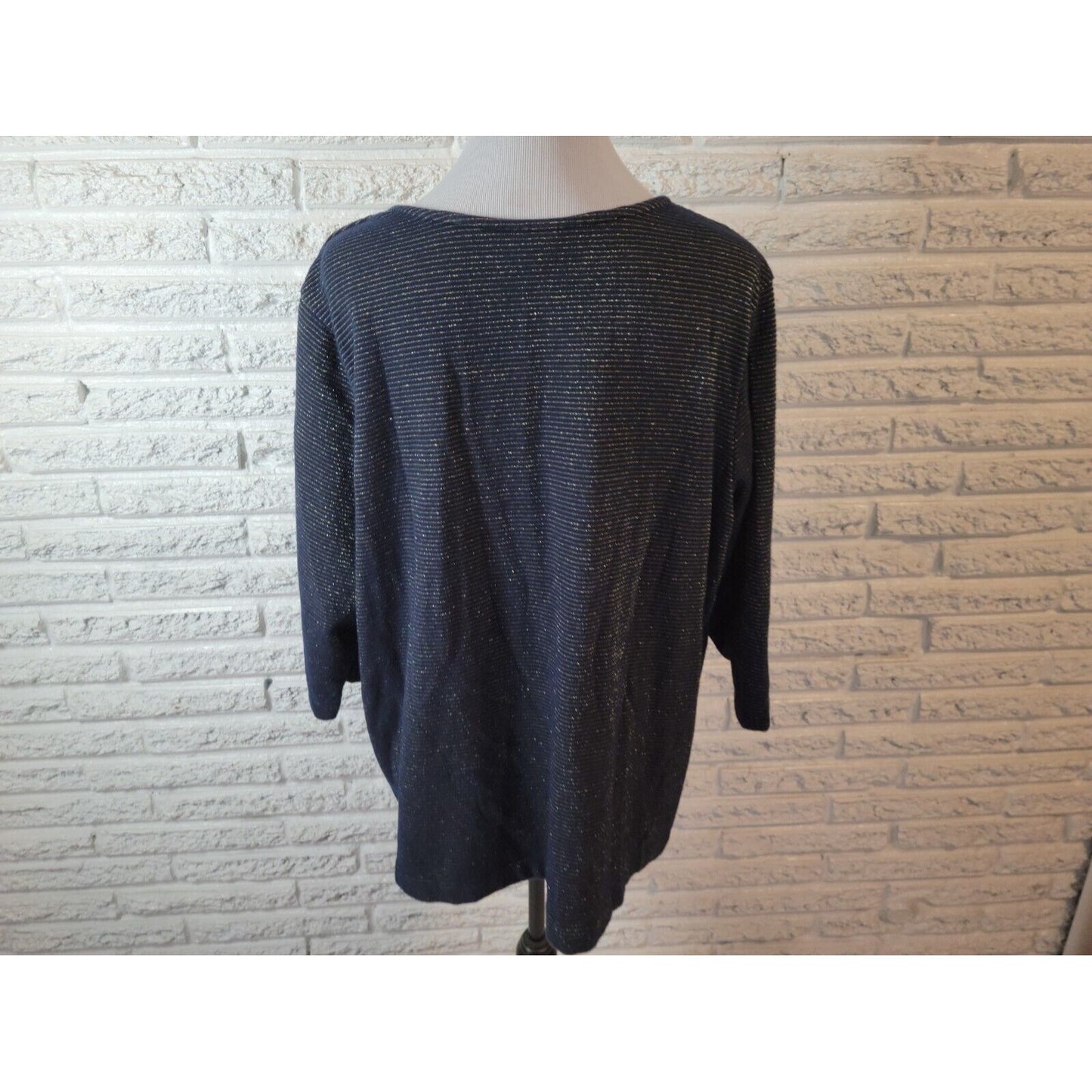 Basic Editions Womens Top 2X Plus Knit Blue Stripe Sequins Embroider Metallic