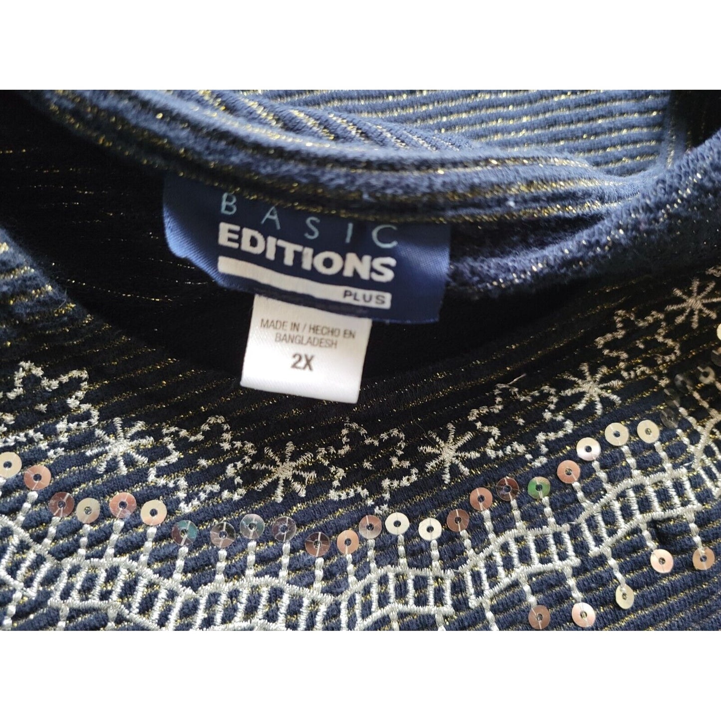 Basic Editions Womens Top 2X Plus Knit Blue Stripe Sequins Embroider Metallic