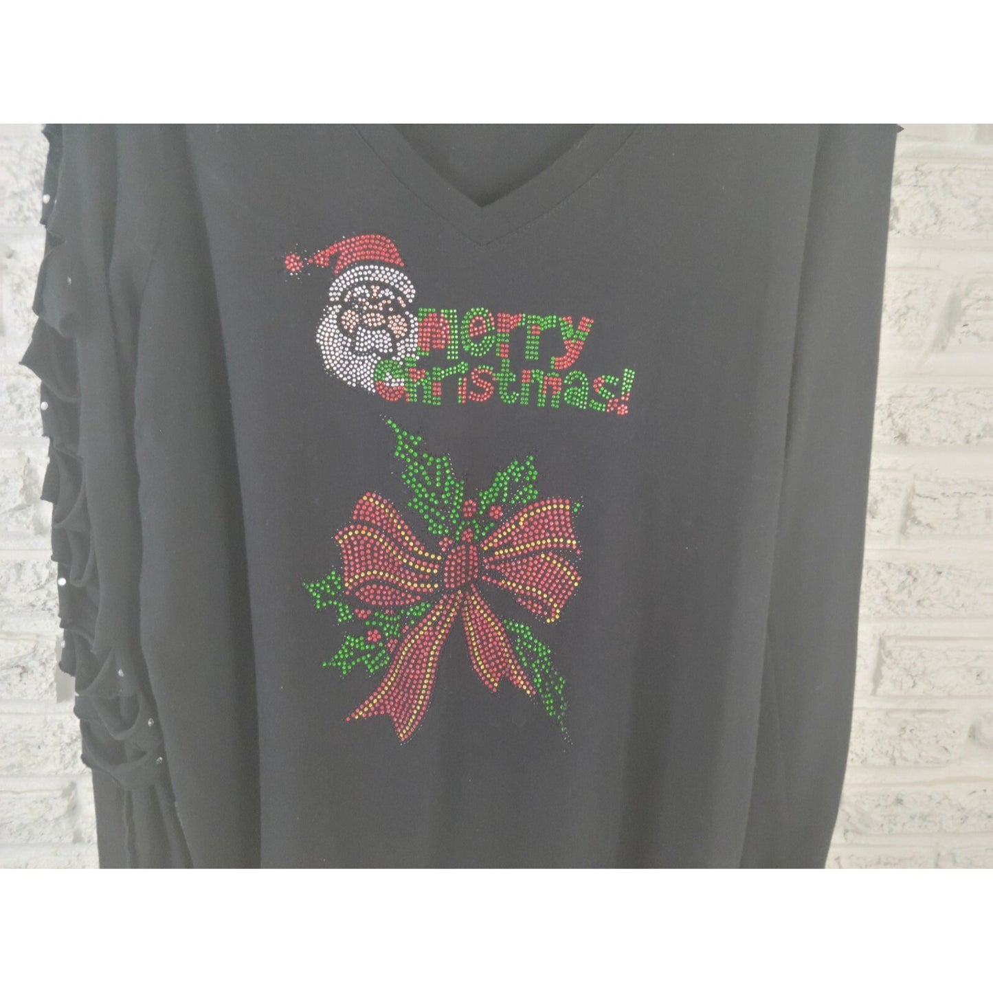 Christmas Zenana Outfitters Womens Top 2X Tee Cut Out Black Sleeve Rhinestone