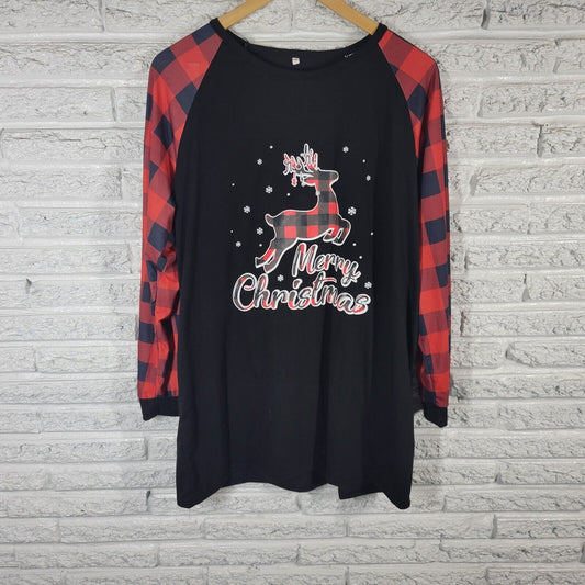 Christmas Womens Top XL Tee Long Raglan Sleeve Black Reindeer Lightweight Comfy