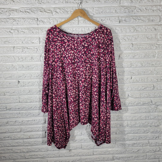 Roamans Womens Top 4X Plus tunic 3/4 Sleeve Purple Watercolor Cotton Asymmetric