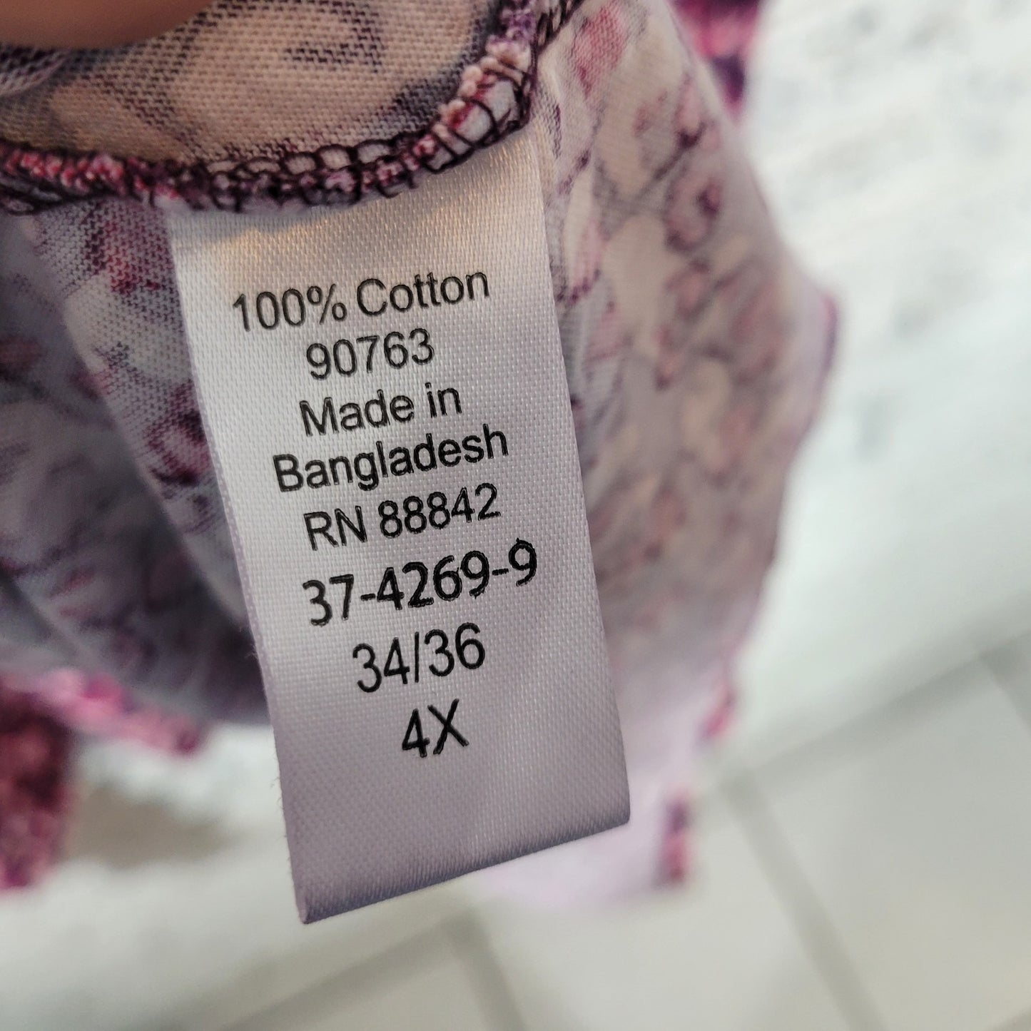 Roamans Womens Top 4X Plus tunic 3/4 Sleeve Purple Watercolor Cotton Asymmetric