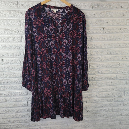 Beach Lunch Lounge Womens Dress XL Long Sleeve Blue Geometric Ruffle Viscose